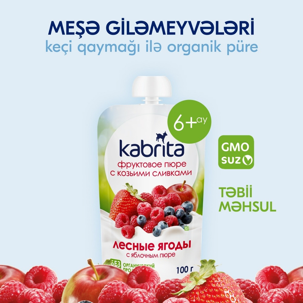 Meyvəli püre keçi qaymağı ilə Kabrita, meşə giləmeyvələri alma püresi ilə, 6 aydan böyük uşaqlar üçün, 100 q (8716677006864).