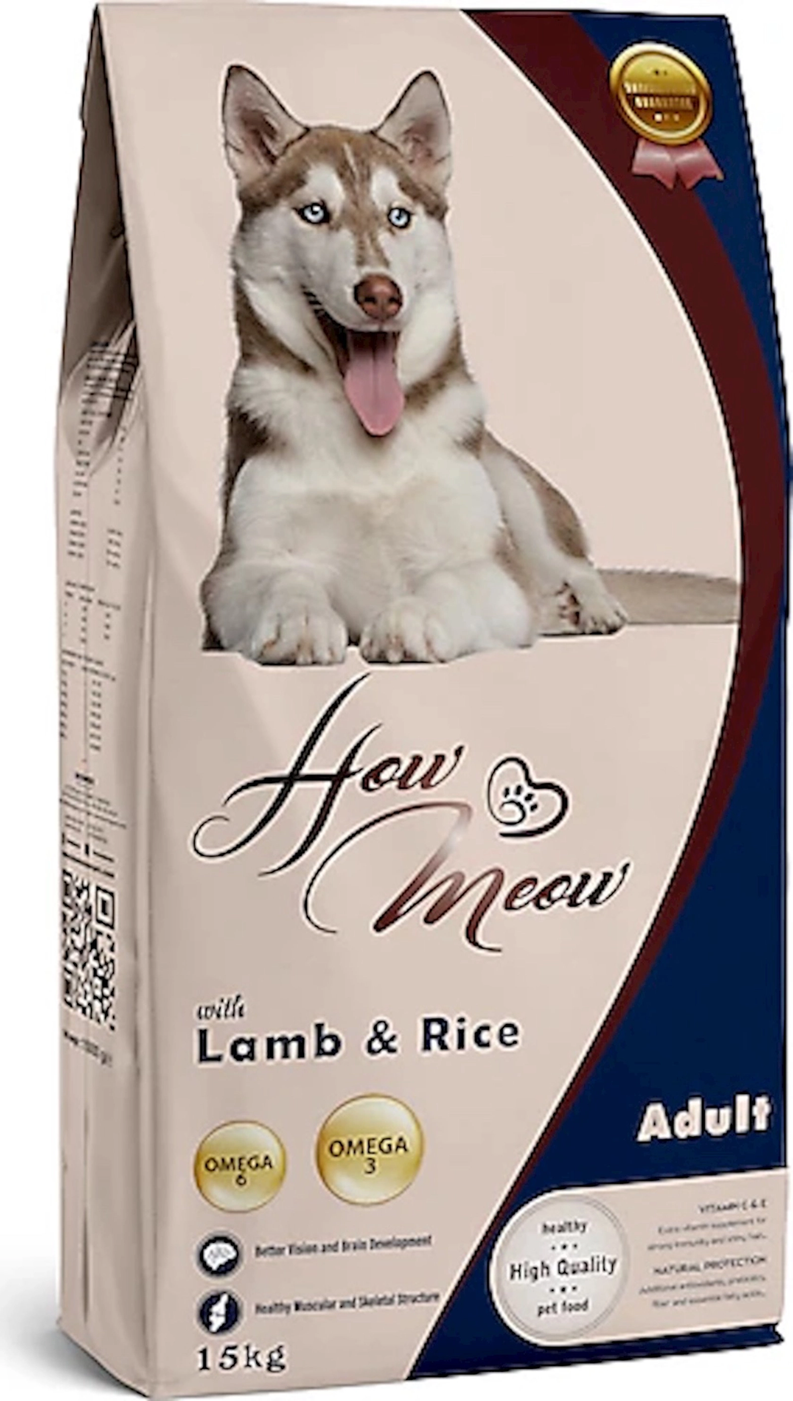 Quru yem How Meow Adult Dog, yetkin itlər üçün, quzu əti və düyü ilə, 15 kq