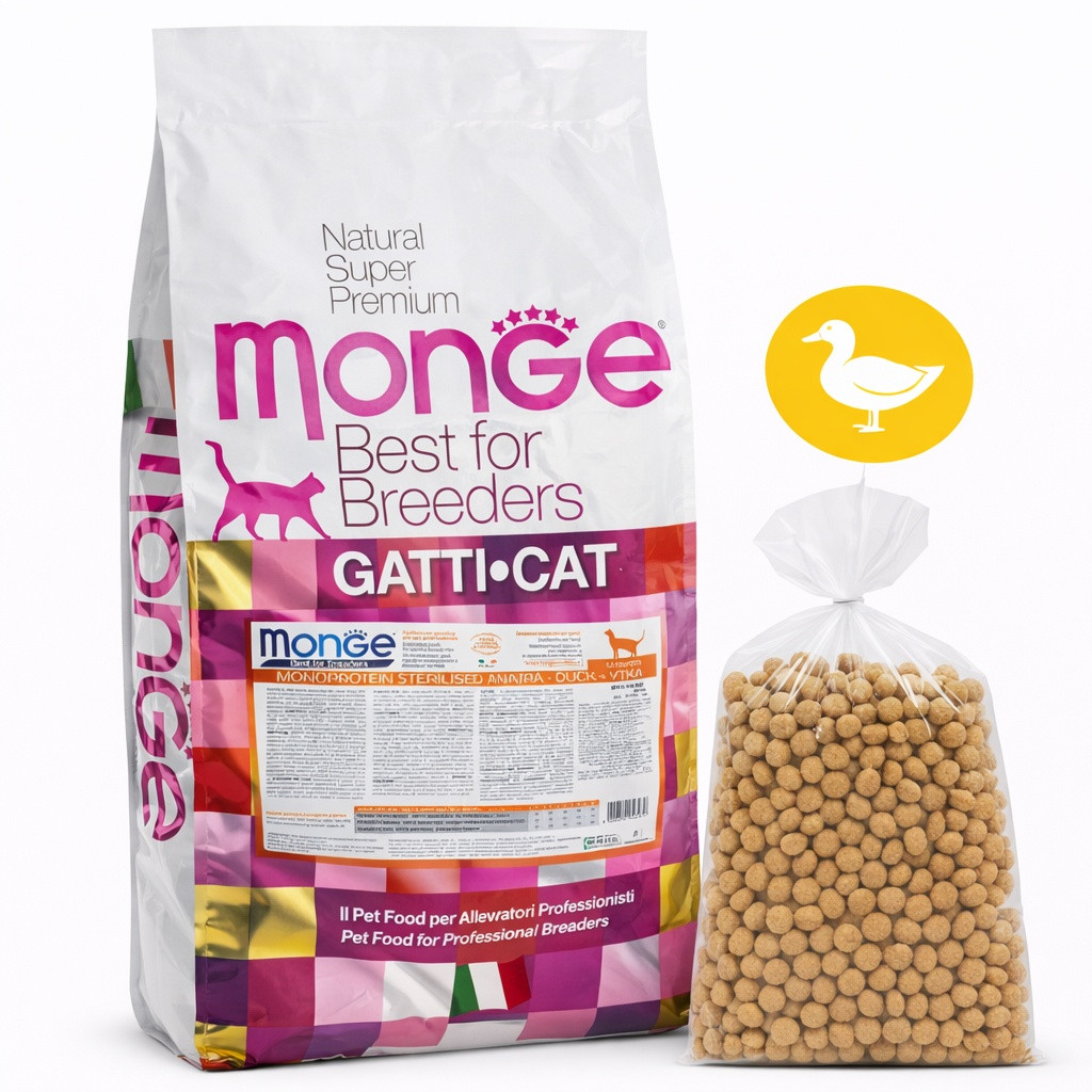 Quru yem Monge Monoprotein Sterilised yetkin pişiklər üçün, ördək ilə, çəki ilə 1 kq