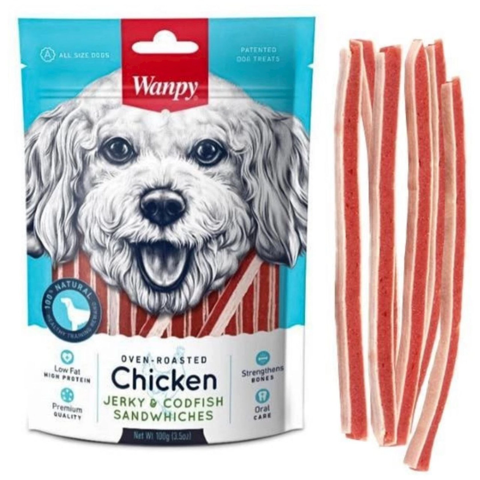 İtlər üçün məzə Wanpy Beef Chicken Jerky-Codfish, 100 q