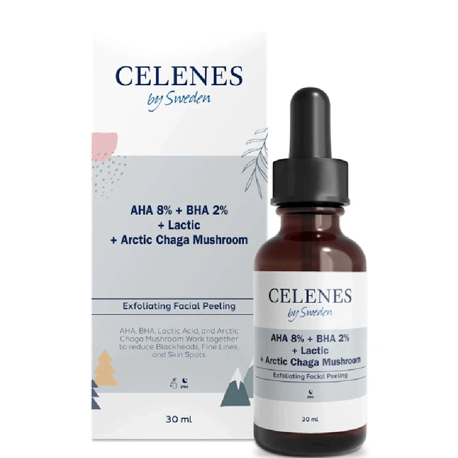 Üz üçün zərdab Celenes AHA 8% BHA 2% Lactic Chaga Mushroom, 30 ml