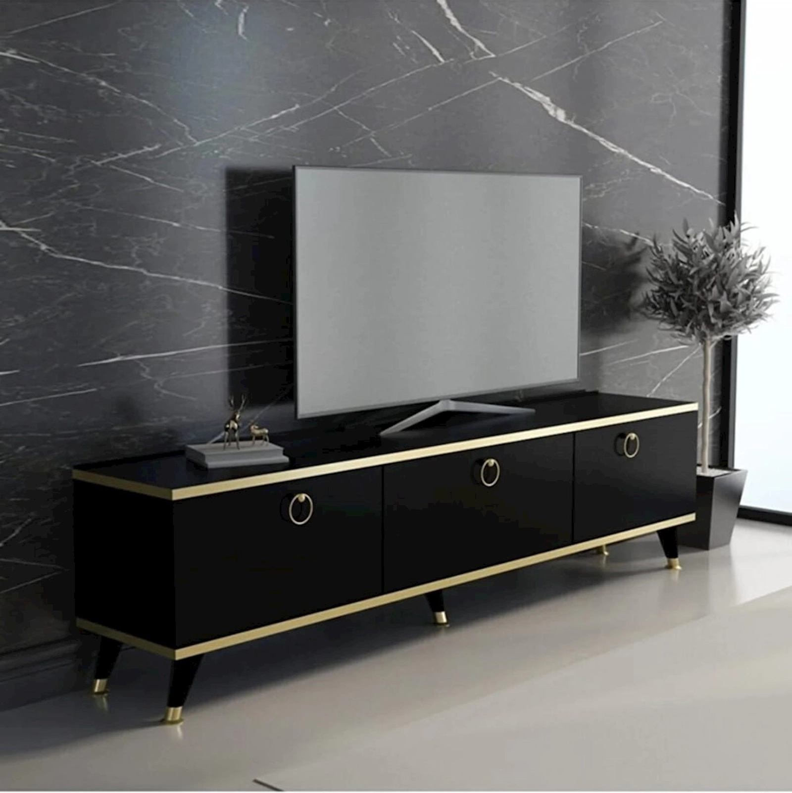TV üçün tumba 005, 180x55x33 sm, laminat, qara/qızılı