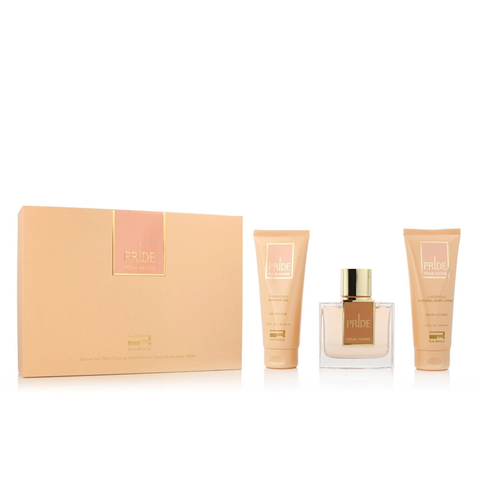 Rue Broca Pride qadınlar üçün ətir dəsti (ətir suyu ​​100 ml + duş geli 100 ml + bədən üçün losyon 100 ml)