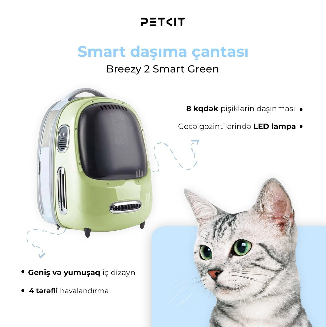 Bel çantası Petkit Breezy2 Smart Cat Carrier Green P7704, kiçik cins itlər və pişiklər üçün, 32x27x44.5 sm