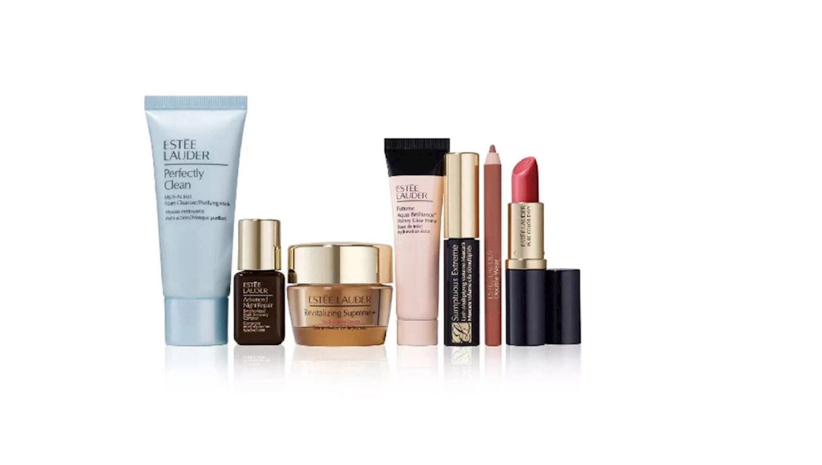 Dekorativ kosmetika dəsti Estee Lauder (kipriklər üçün tuş 2.8 ml + dodaqlar üçün qələm + dodaq boyası 3.5 q + üz üçün zərdab 7 ml + praymer 15 ml + yuyunma üçün köpük 30 ml + üz üçün krem 15 ml)