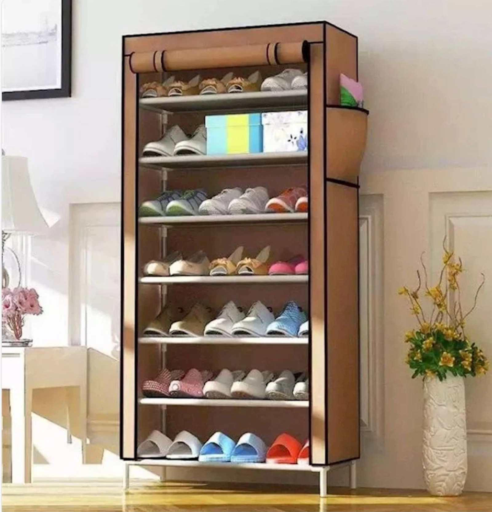 Ayaqqabı üçün stellaj NH_SS7976, 60x30x125 sm, parça/metal, qəhvəyi