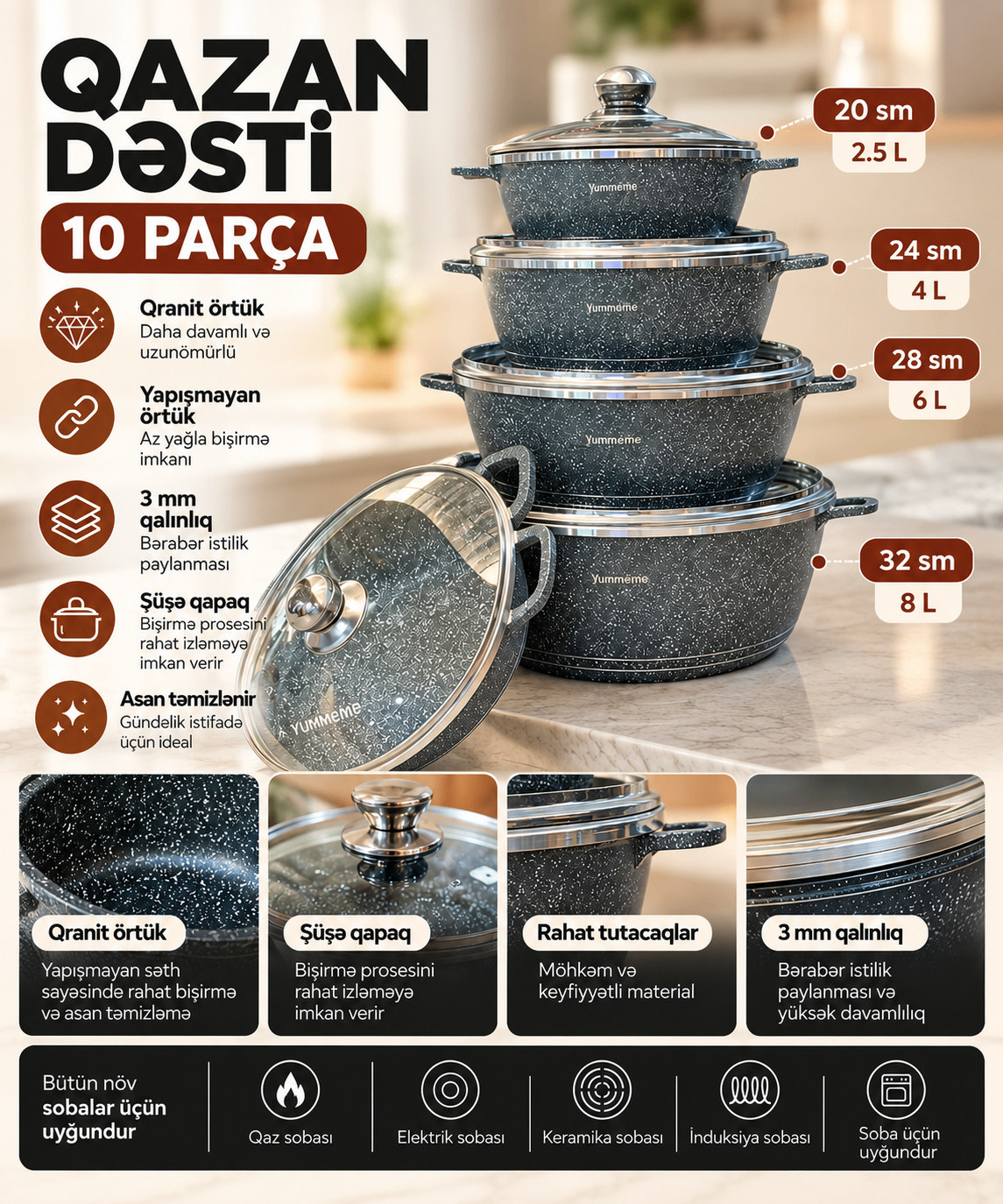 Qazan dəsti SAASGR-10, qranit, 20/24/28/28/32 sm, 10 parça, boz