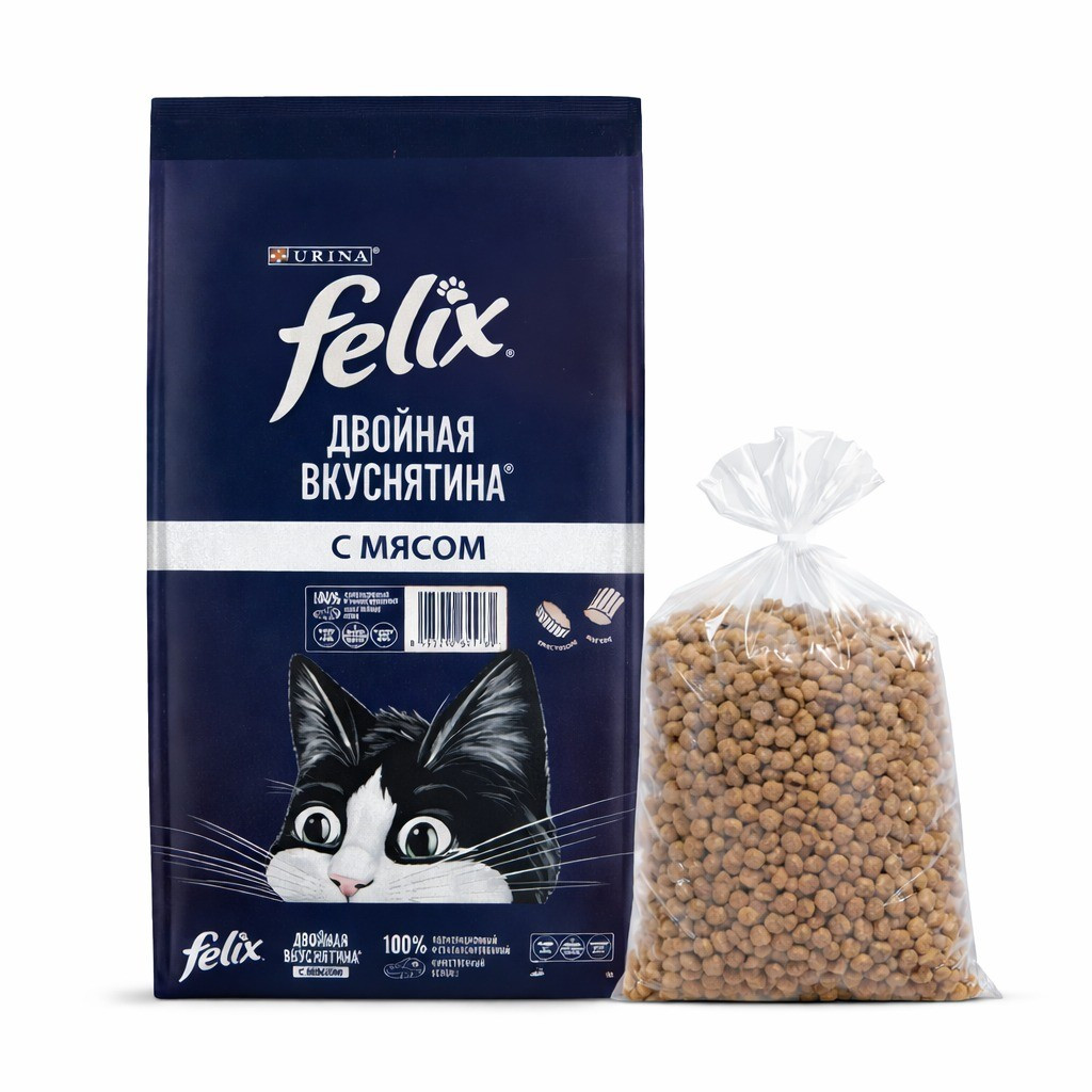 Quru yem Felix Двойная вкуснятина, yetkin pişiklər üçün, ət ilə, 1 kq çəki ilə