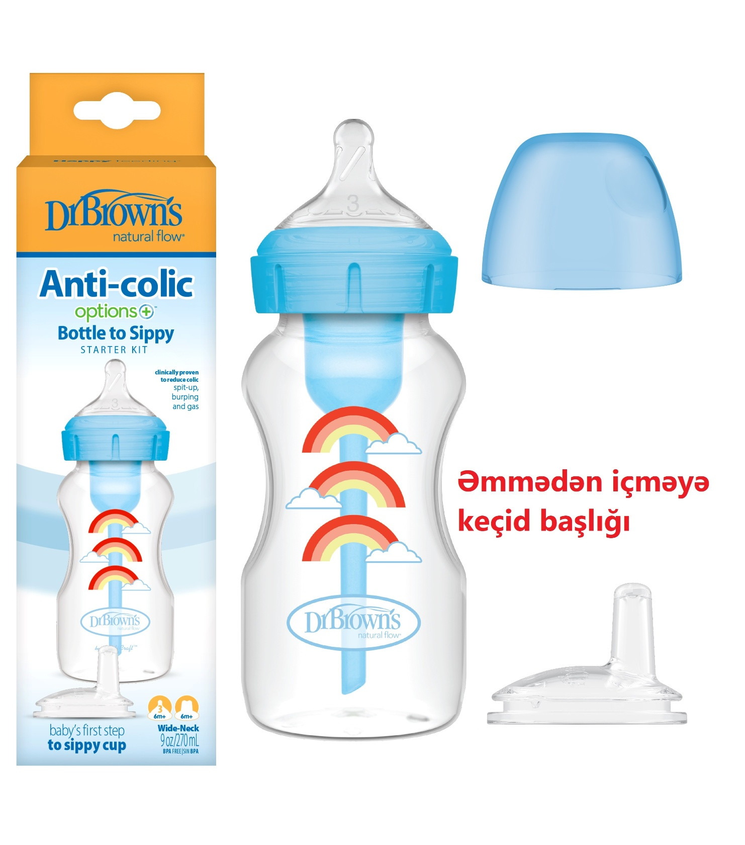 Köp və sancı əleyhinə Polipropilen 270ml səviyyə 3(6-9ay)başlıqlı butulka, mavi, 270 ml, 1 əd