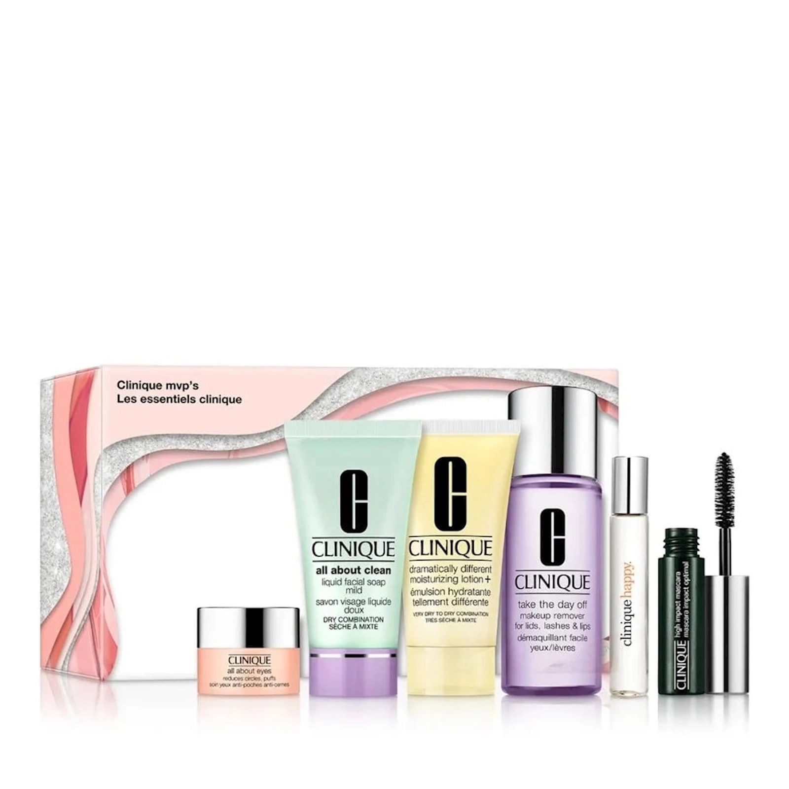 Üz qulluğu üçün kosmetika dəsti Clinique (losyon30 ml + kirpiklər üçün tuş 5 ml + üz üçün yuyunma yağı 30 ml + makiyajın silinməsi üçün vasitə 50 ml + sprey 5 ml)