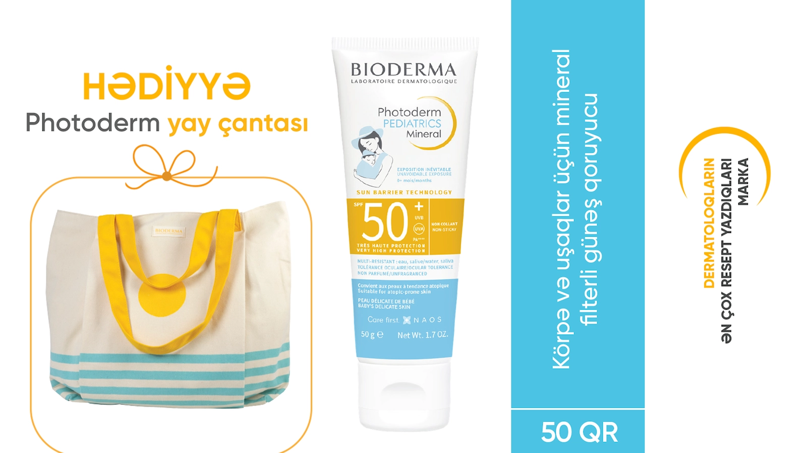 Günəşdən qoruyucu krem uşaqlar üçün Bioderma Photoderm Pediatrics Mineral SPF50 50 q + Yay çantası hədiyyə