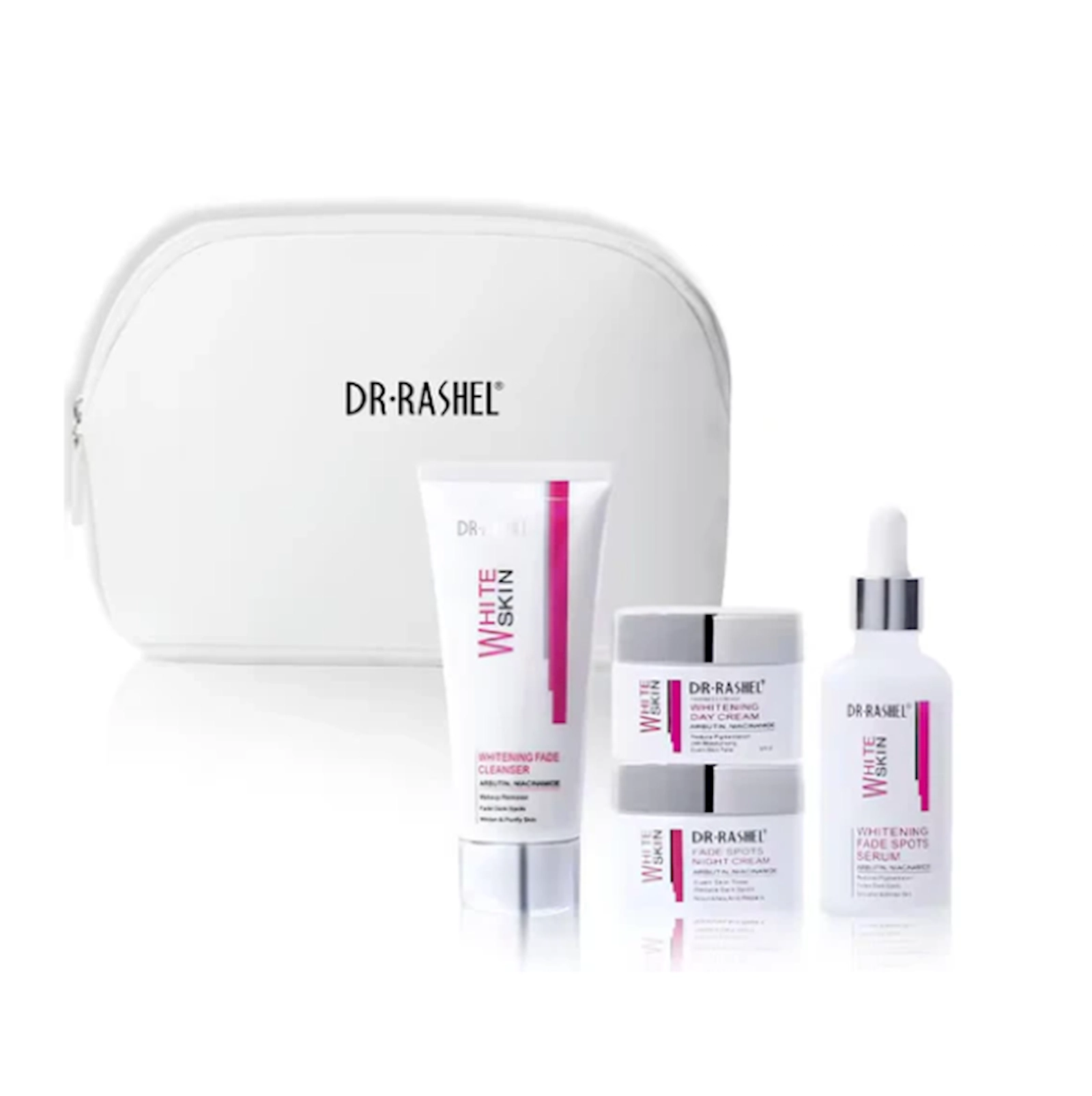 Üz üçün qulluq dəsti Dr.Rashel Skin Care White Skin (Yuyunma üçün ağardıcı təmizləyici gel 80 q + Zərdab 50 ml + Gecə kremi 50 q + Gündüz kremi SPF20 50 q + Kosmetik çanta)