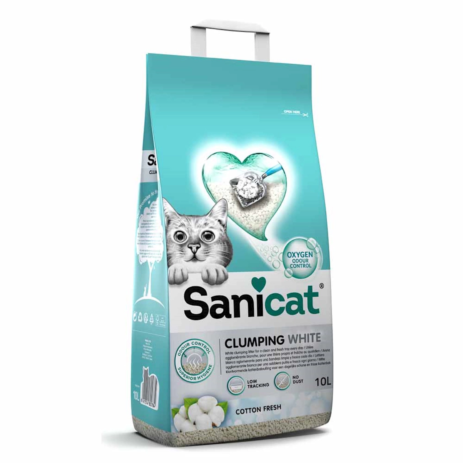 Topalaşan doldurucu pişiklər üçün Sanicat Clumping White Cotton Fresh 10 l