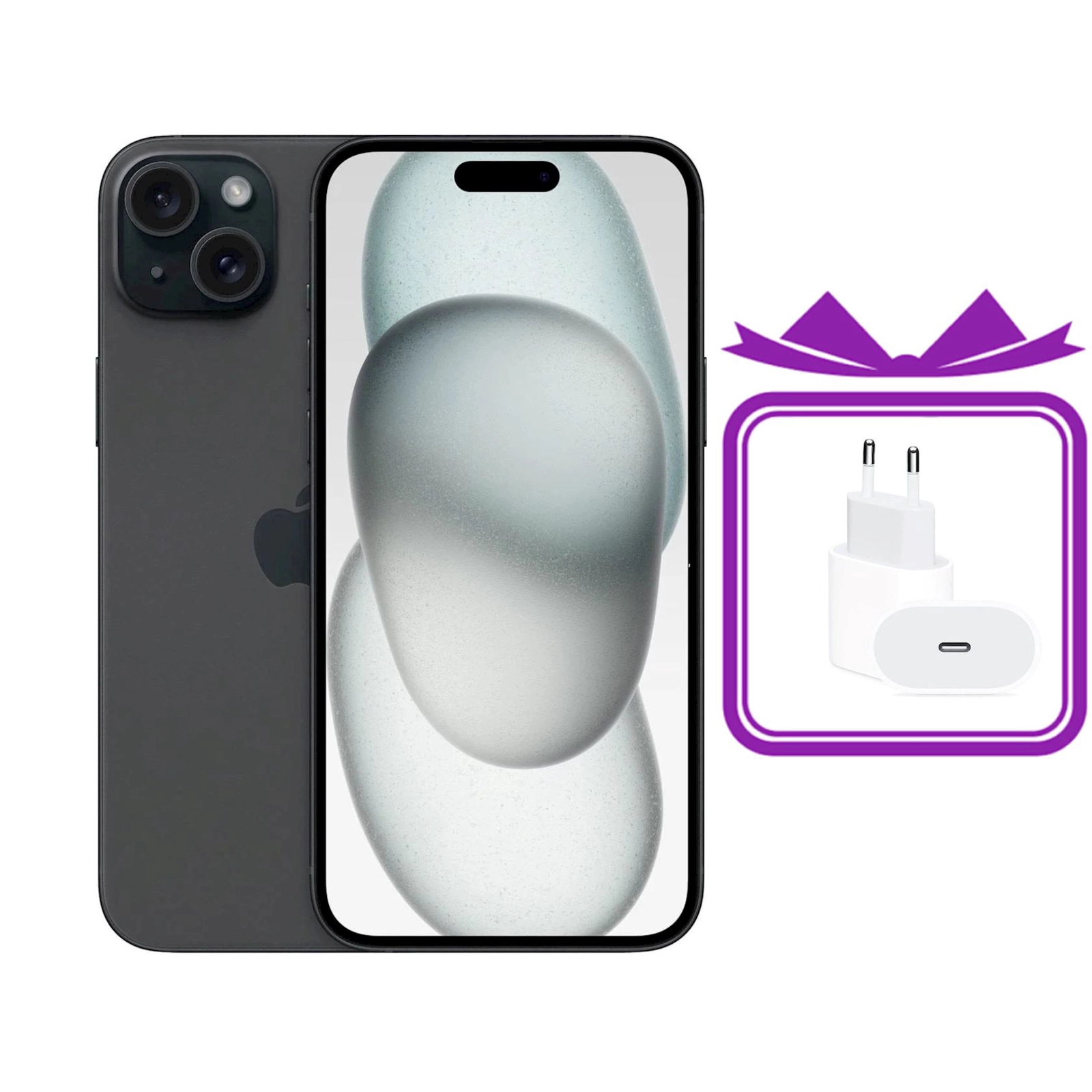 Smartfon Apple iPhone 15 6GB/128GB Black + Transparent Silicone case + 20w charger + Screen Protector